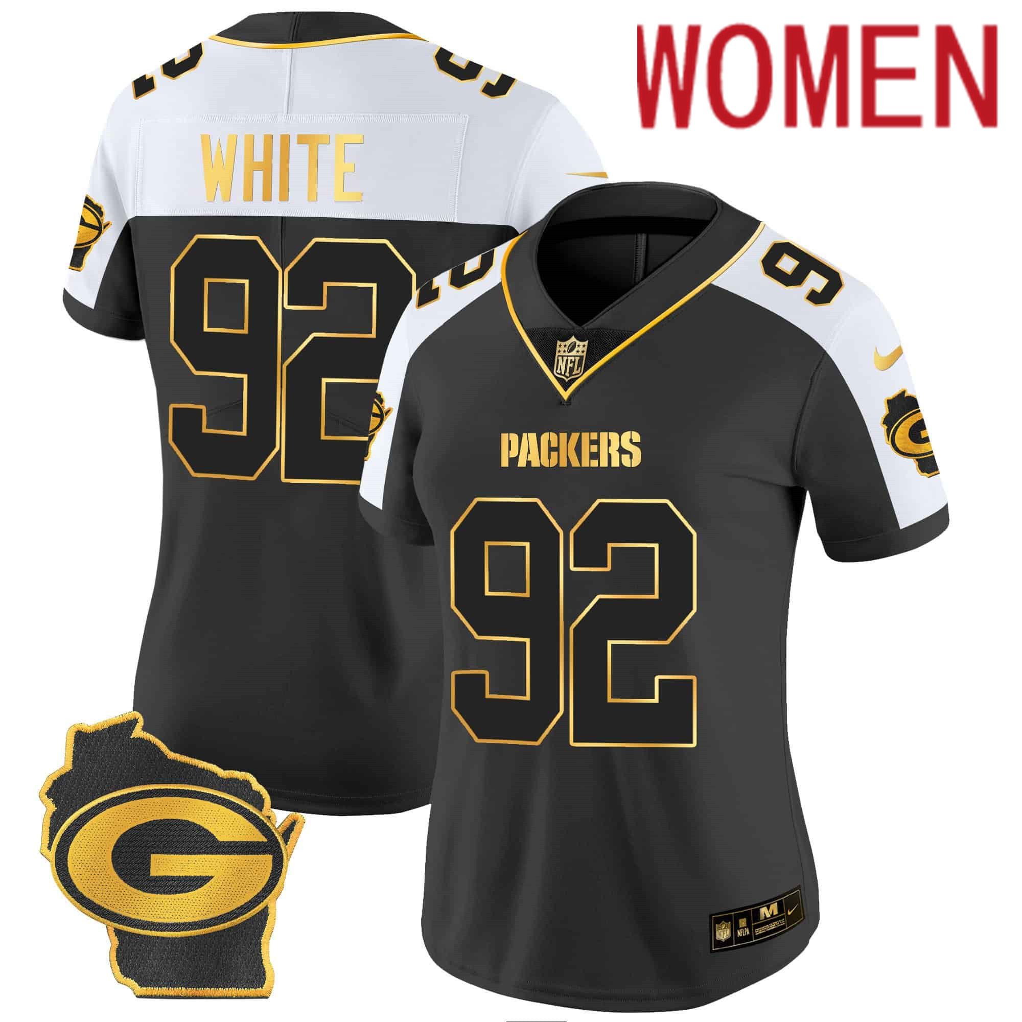 Women Green Bay Packers #92 White Black Gold 2024 Nike Home Patch Vapor NFL Jersey
